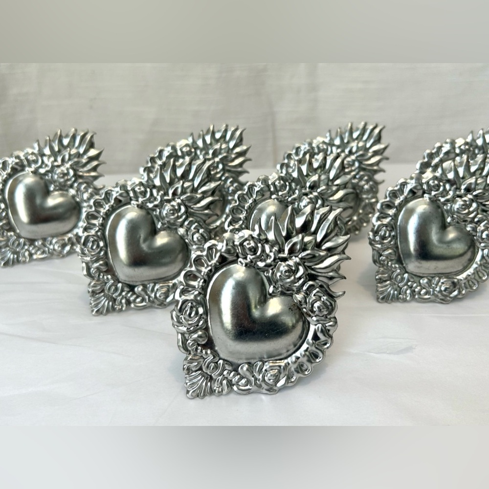 Mexican Heart Milagros Silver Heart-Shaped Napkin Rings Napkin Holders -8 pieces